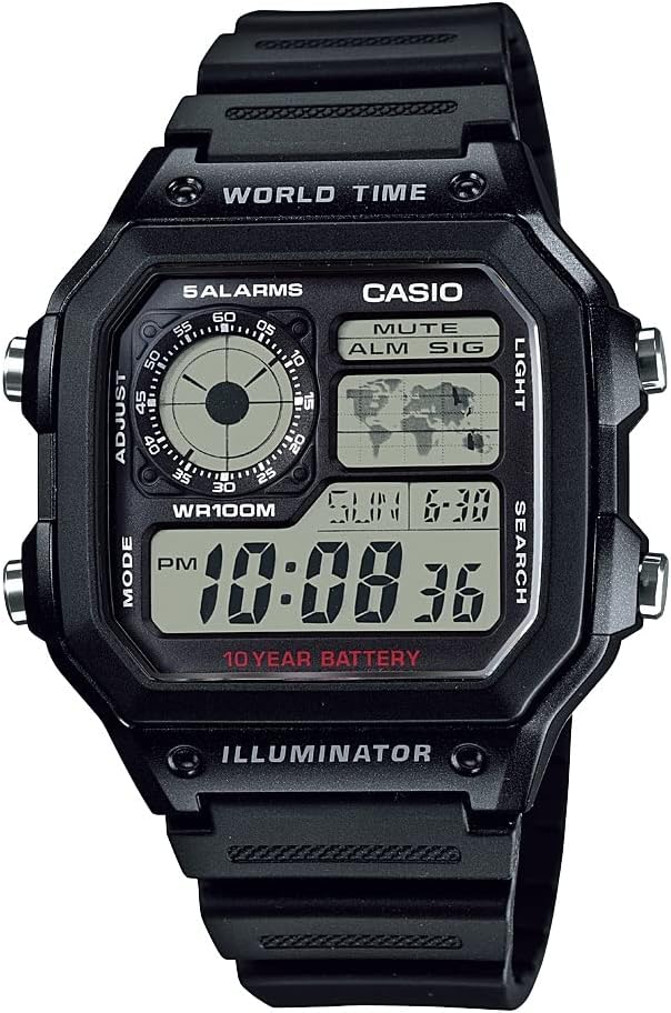 Casio AE1200WH Series CLAS124; Pánské digitální hodinky 124; 100M WR CLAS124; Multi Alarms CLAS124; 100 SEC Stopwatch CLAS124; Countdown Timer CLAS124; Světová mapa pro World Time 124; LED Light CLAS124; LC Analog Display 124; 10 Rok Baterie