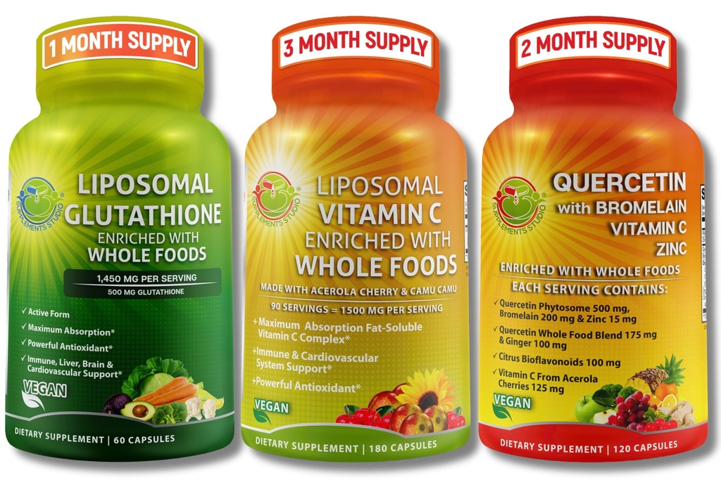SUMPLEMENTS STUDIO High Absorption Antioxidant & Immunal Support Bundle - Lipozomální vitamín C 1500mg + Glutathione 500mg + Quercetin s bromelainem, zinkem a celou potravinovou směsí - Vegan, Non- GMO kapsle