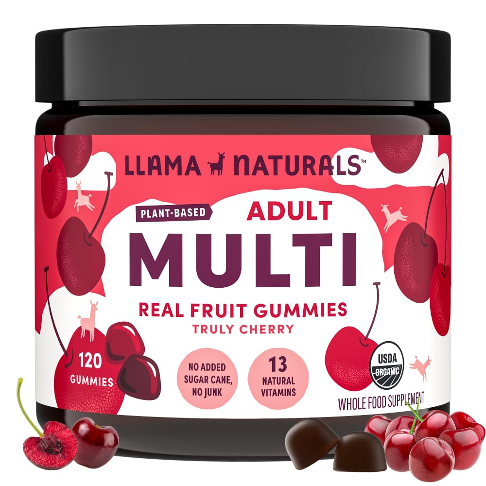 Llama Naturals Multivitamin pro ženy a muže, Vegan, Organic Gummies with Vitamin D, C and K, Dospělí Real Fruit Gummy Vitamíny, Žvýkací Multivitamin Dodatek, No Add Cugar Cane, Cherry, 120 Ct