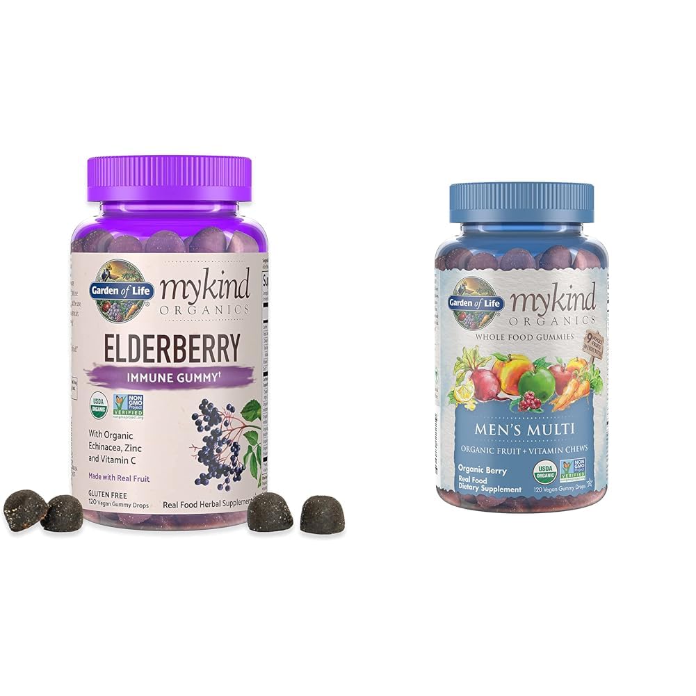 Zahrada života Organics Elderberry Gummies pro dospělé a děti - Imunitní podpůrný dodatek s organickým ovocem a organikou Mužské Gummy Vitamíny Multi Berry, 120 Počet