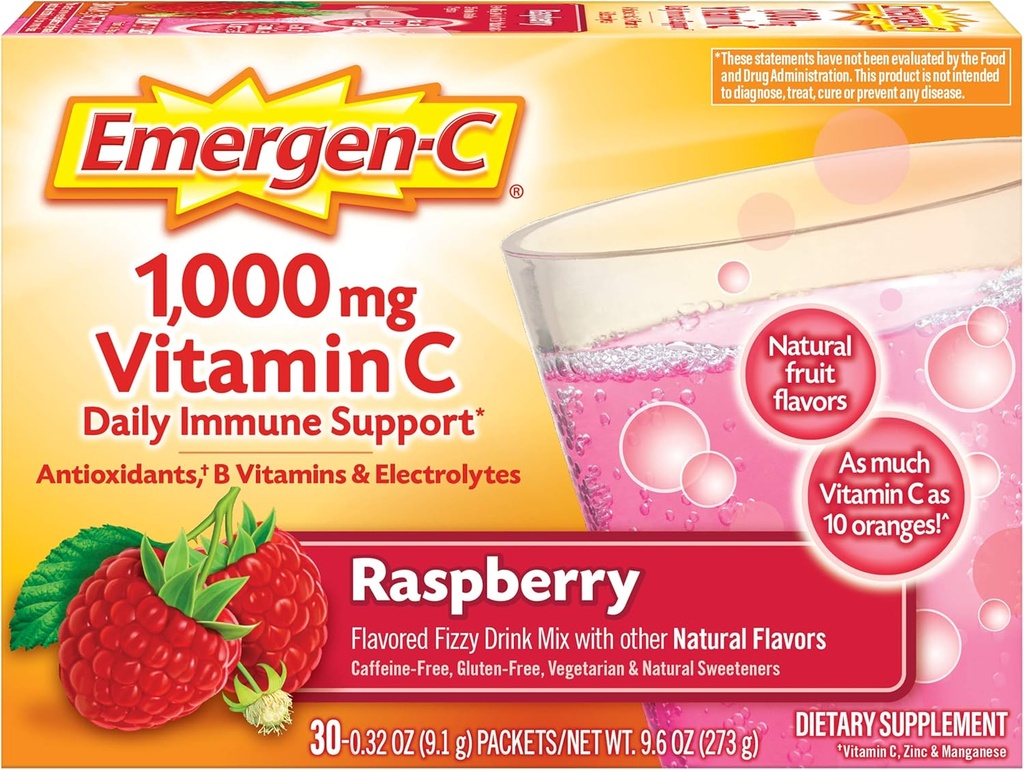 Emergen- C 1000mg vitamín C prášek, S antioxidanty, B vitaminy a elektrolyty, Imunity doplňky pro imunitní podporu, Kofein Free Fizzy Drink Mix, Malinový Flavor - 30 Počet / 1 měsíc Dodávka