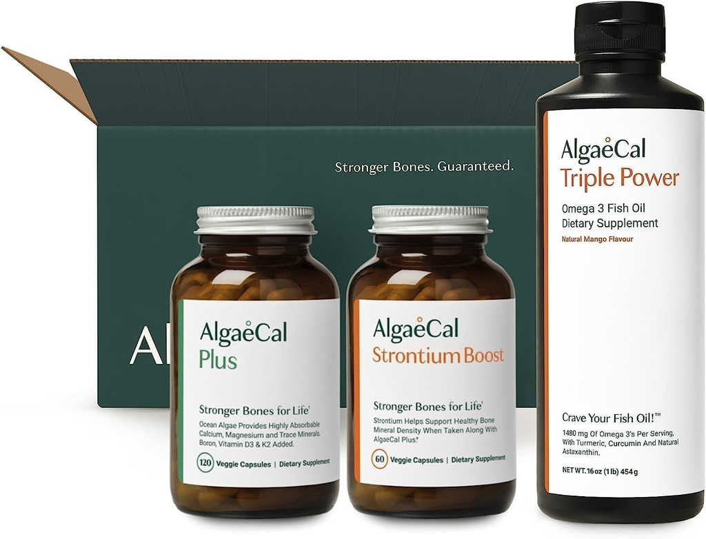 ALGAECAL Vítejte Kit - Bone Builder Pack, Plant Based Calcium Supplemente & Strontium, 16 živiny pro zdraví kostí + EPA & DHA Omega 3 Fish Oil, Podpora mozku, srdce, kůže & kosti, Vyrobeno v USA