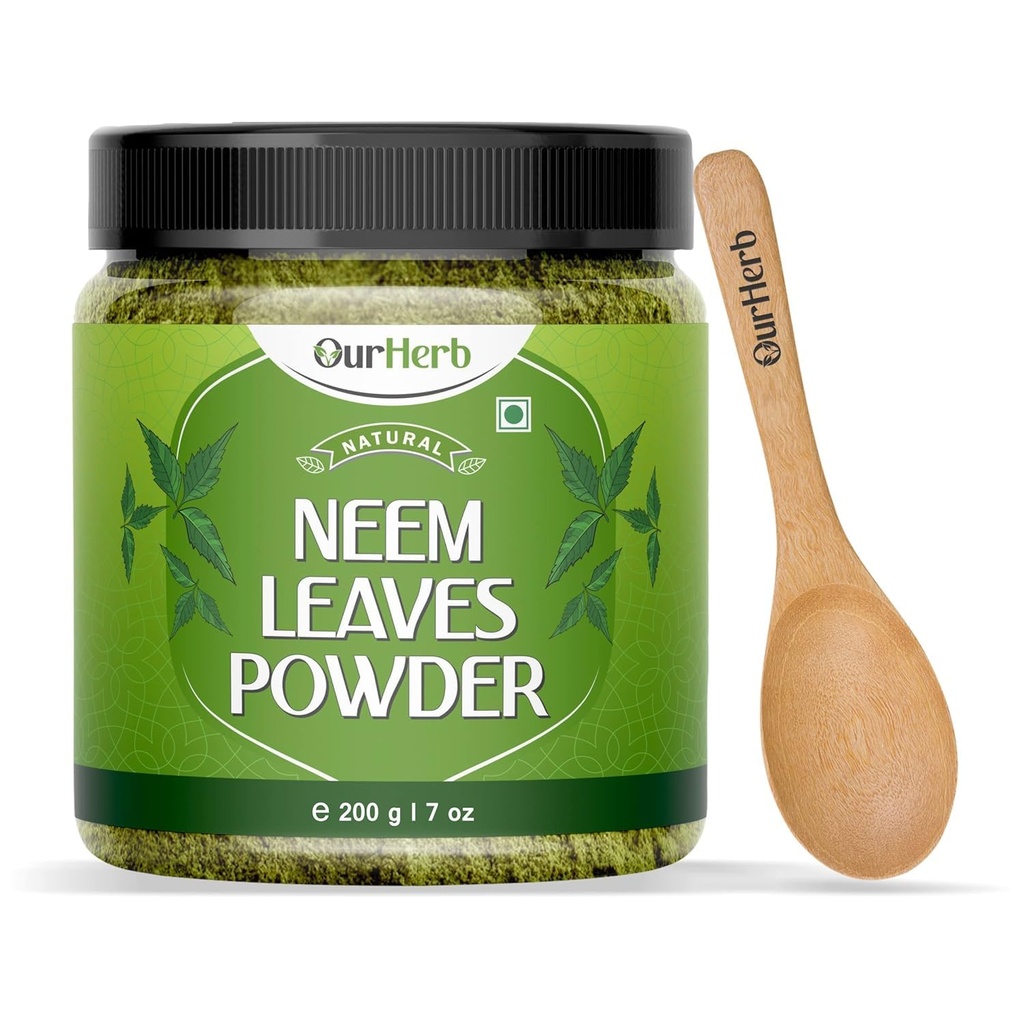 Čisté Neem listy prášek přírodní řešení pro Pimple- Free clear kůže & Silky vlasy, Ideální pro face packs, péči o vlasy, a pigmentace podpora s dřevěnou spoon - 200g CUR 124; 7.04 Oz