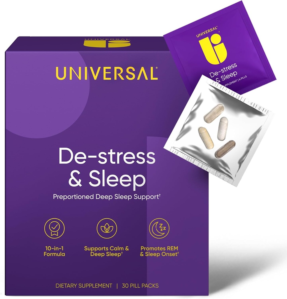 De-Stress & Sleep dodatek - 10- in-1 Přírodní spánková pomoc pro dospělé, Denní Multivitamin s hořčík, Melatonin, Ashwagandha, L Theanine, Valerian Root, Spící pilulky pro muže a ženy, 30 Pack