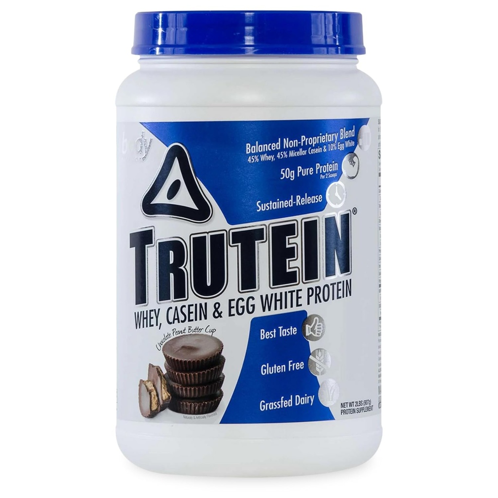 Body Nutrition Trutein High Protein Powder: 45% syrovátka, 45% kasein, 10% Vejce bílá, gluten- Free, Nízký sodík, Tráva Fed syrovátkový prášek, Gym dodatek & Breakfast Shake, Čokoládové arašídové máslo, 2LB