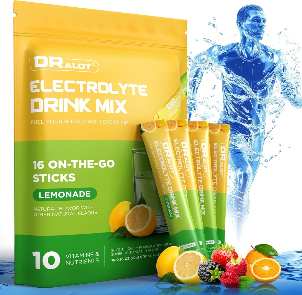 Sugar Free Electrolytes Powder with Natural Flavors, 3X Rapid Hydration Packets with 10 Electrolyte & Vitamins, Liquid Daily IV, Non- GMO, Gluten- Free, Keto, Vegan, 16 Sticks, Lemon