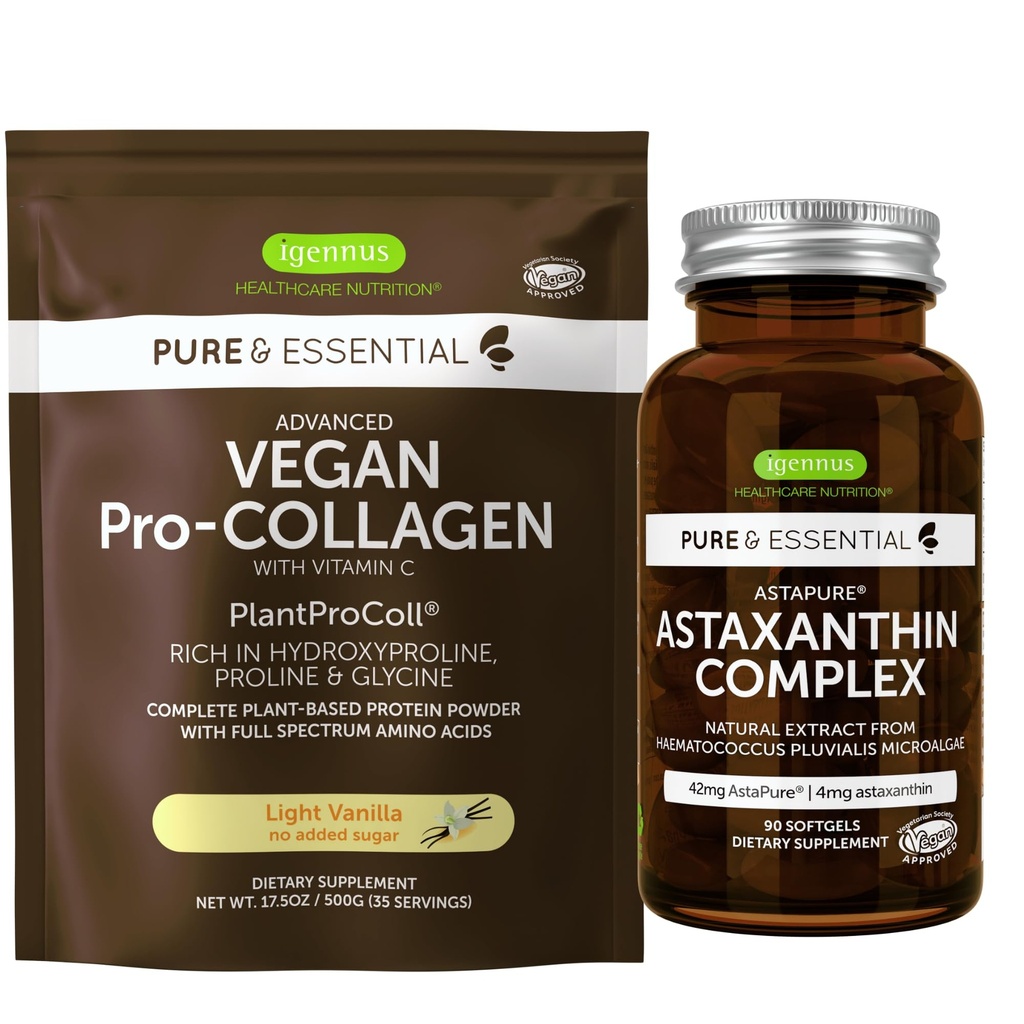 Vegan Vanilla Collagen Protein Powder + Astaxanthin Complex Vegan Bundle, Collagen Booing Formule + Natural 4mg H. Pluvialis Astaxanthin pro vlasy, kůži a nehty, od Igennus