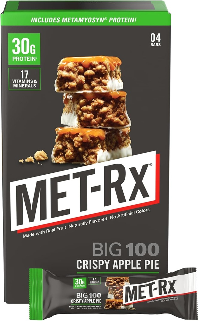 MET- Rx Big 100 Colossal Protein Bary, Crispy Apple Pie Meal Náhradní Bary, 4 Počet