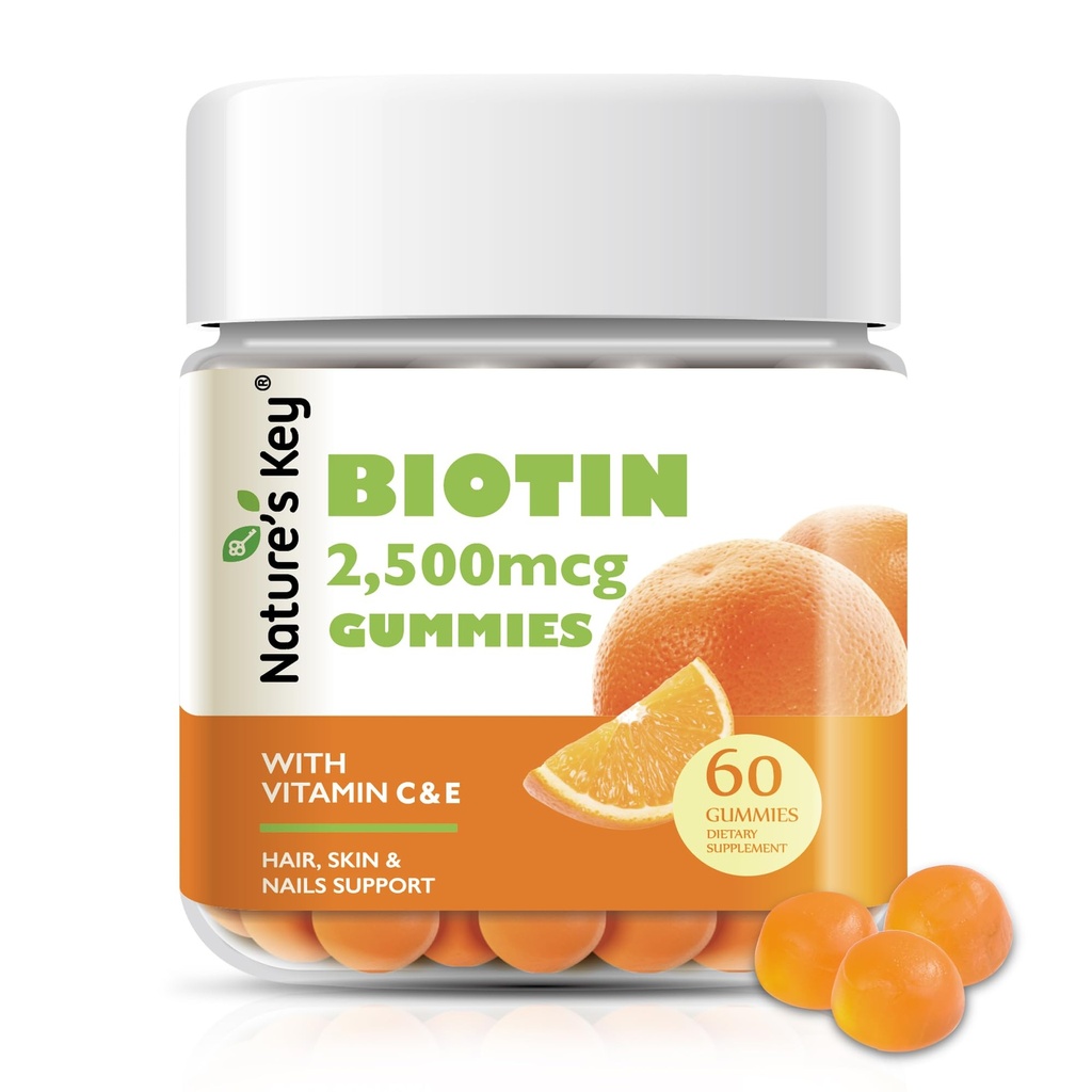 Příroda je klíčem Biotin Gummies s vitamínem C a E, podpora vlasy hřebíky růst & krásná kůže pro ženy muže a děti, Vegan, Orange Flavors 60 Počet