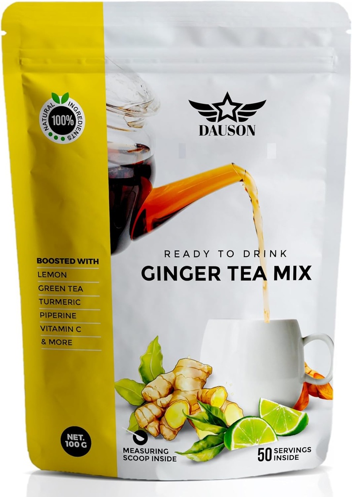 Ginger Lemon Bylinný čaj Powder - Osvěžující směs s lékořicí, kurkuma, bez kofeinu zelený čaj, vitamín C - Caffeine- Free, Vegan, Gut- Friendly Detox Tea - 50 Servings