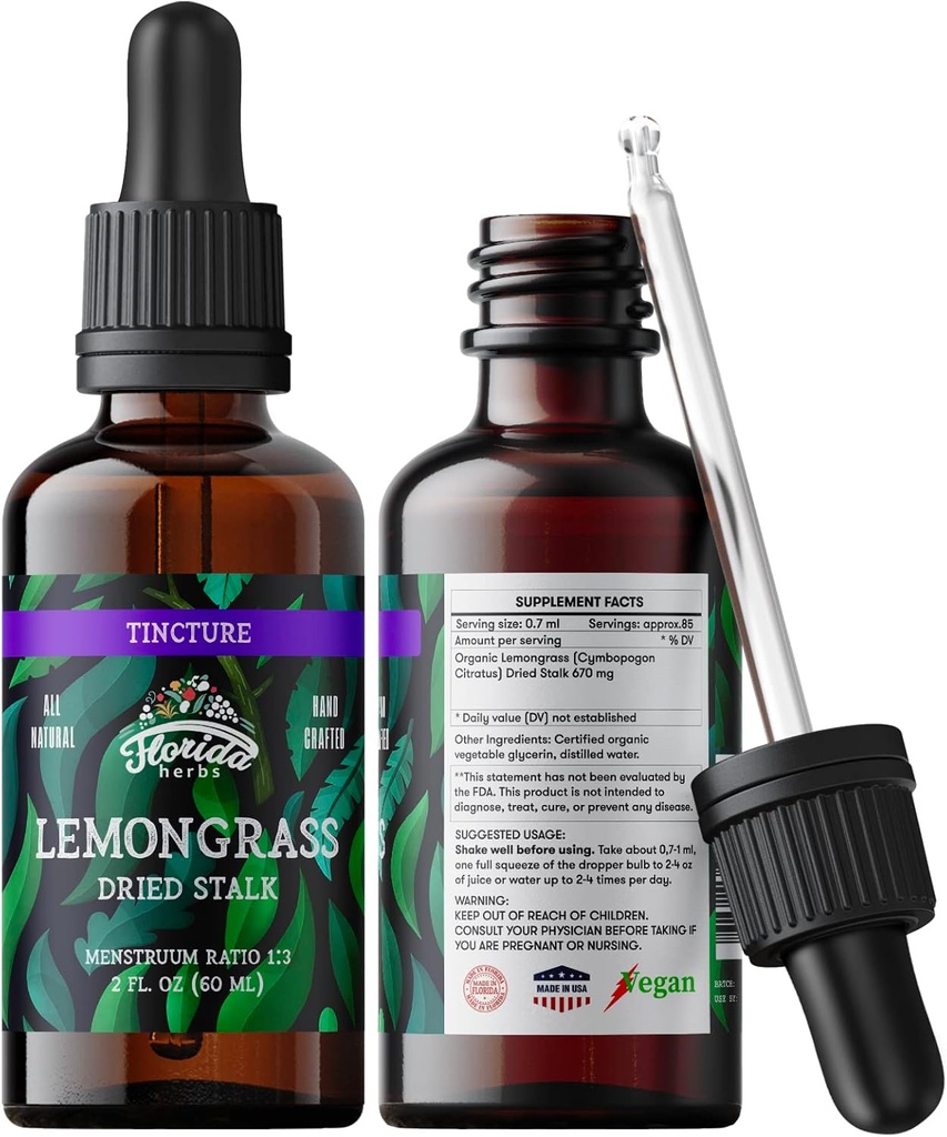 Lemongrass Tincture, Organic Lemongrass Extract (Cymbopogon Citratus) Bylinný doplněk, Non- GMO in Cold- Pressed Organic Zeleninové Glycerin, 700 mg, 2 oz (60 ml)