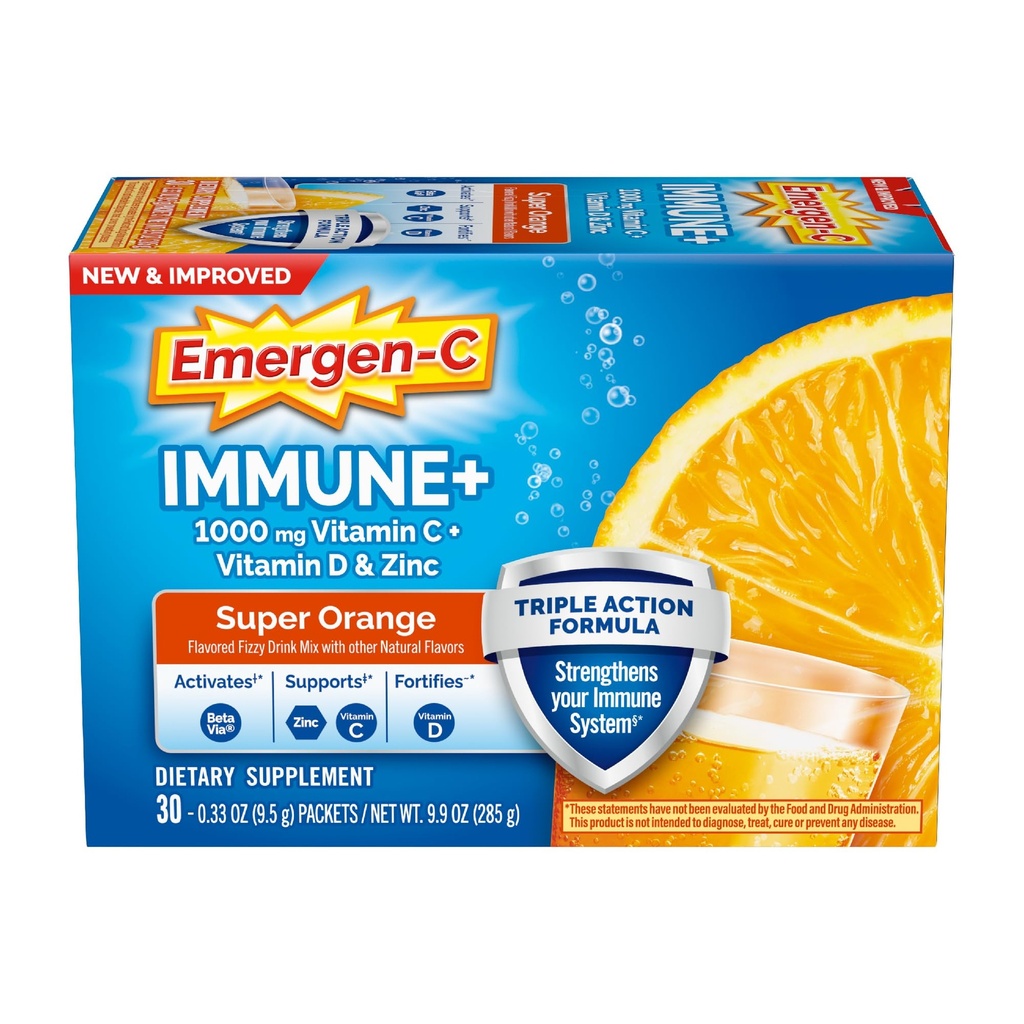 Emergen- C imunitní + Triple Action Imunitary Support Powder, BetaVia (R), 1000mg vitaminu C, B vitaminů, vitaminu D a antioxidantů, Super Orange, Zpět do školy Essentials - 30 Počet