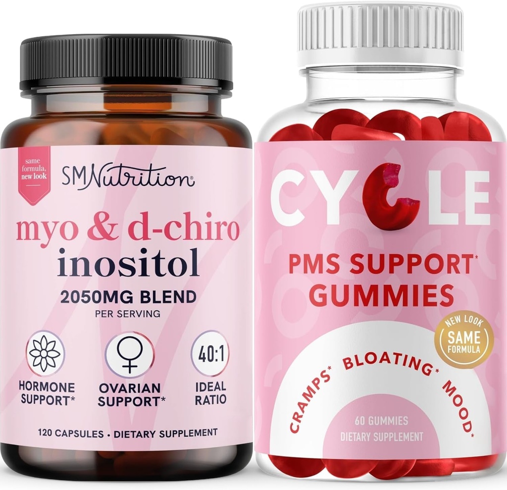 SMNutrition PMS Support Gummies & Myo-Inositol & D-Chiro Inositol CLAS124; Hormon Balancing Bundle s 40: 1 Poměr Inositol dodatek (30 Služeb) a Herbal Cycle Support Gummies pro ženy (30 Služeb)