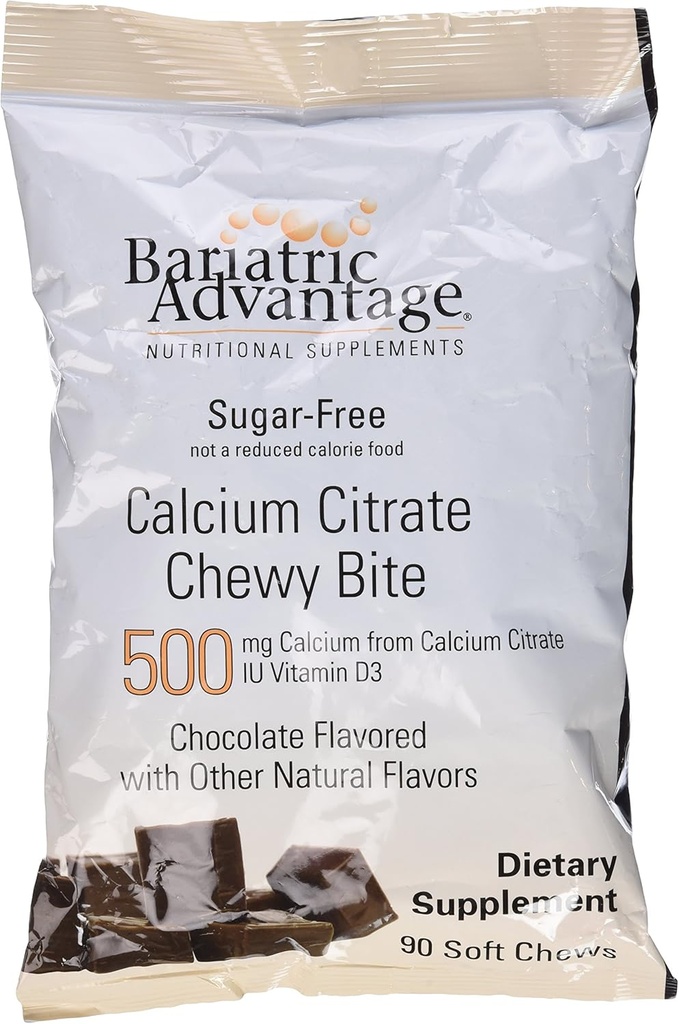 Bariatrická výhoda vápníku Citrát Chewy Bites 500 mg s vitaminem D3 pro bariatrické chirurgie Pacienti včetně gastrického bypassu a sleeve gastrektomie, bez cukru - Čokoláda Flavor, 90 Počet