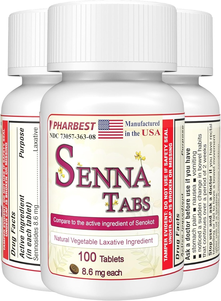 Senna Tablety 100 Ct. Ct. 124; Přírodní rostlinný laxativní [Made in USA] Dusík 124; Laxativy pro zácpu, Colon Cleanser, Detox Cleanse, Polévka pro dospělé děti 8.6mg, Stool Softener Plus (1 lahvička)