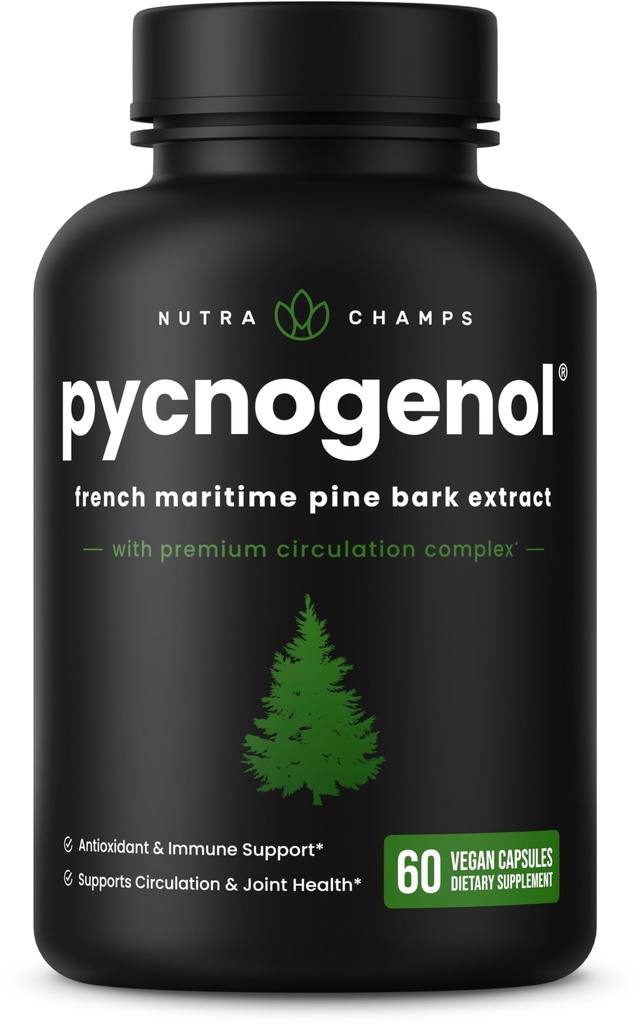 NutraChamps Pycnogenol French Maritime Pine Bark Extract, Premium Circulation Complex, Blood Flow, Nitric Oxide Production, Superior Absorpce, Výsledky s Black Pepper Extract, 60 Kapsle