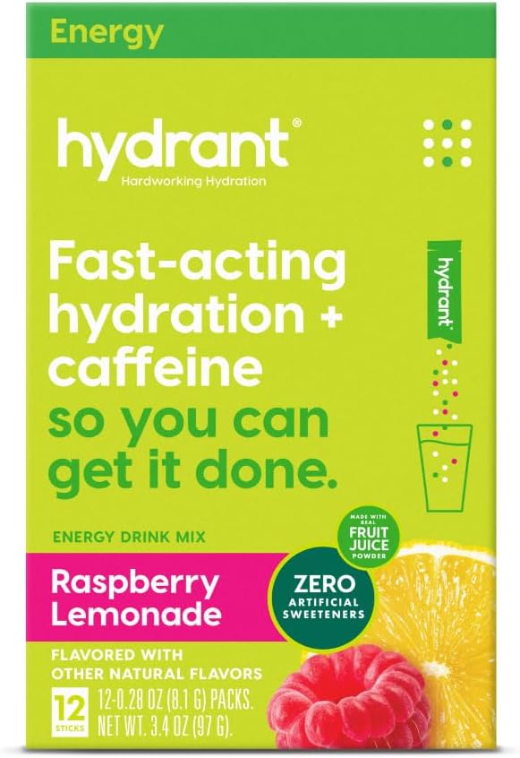 Hydrant - Energy Electrolyte Powder, Malina Lemonade Flavor, 12 Kofein & L- Theanine Energy Rehydratation Stick Packs - Nízký cukr Energizing Powder for Daily Use