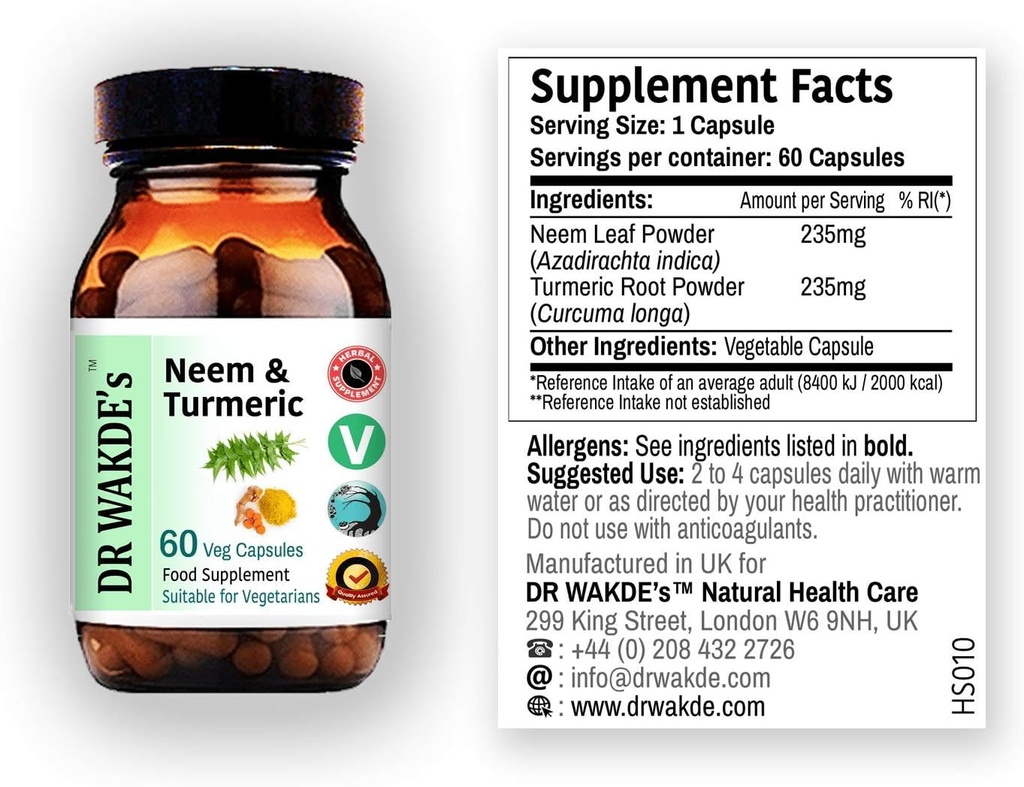 DR WAKDE je Neem & Turmeric Kapsle 124; 60 Veg Caps 124; Ayurvedic dodatek 124; Vegan 124; 100% Bylinné 124; Slevy 124; Stejný den odeslání