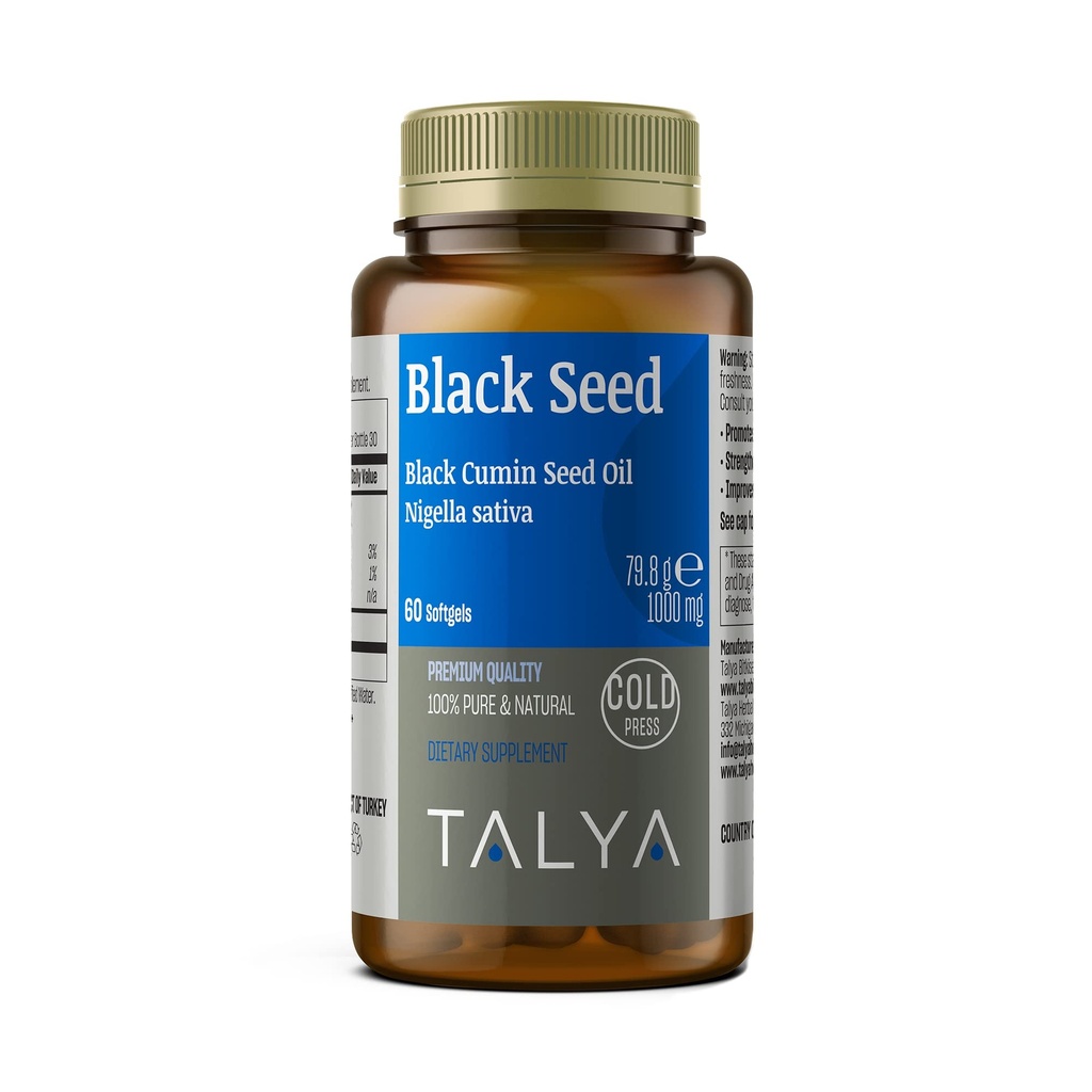 TALYA Black Seed Oil Softgel s vysokým Thymoquinonem - Imunitní podpora - Digestivní zdraví - Mozková funkce - Společná mobilita - Cold- Pressed from Non- GMO Turkey Black Cumin Nigella Sativa Seeds