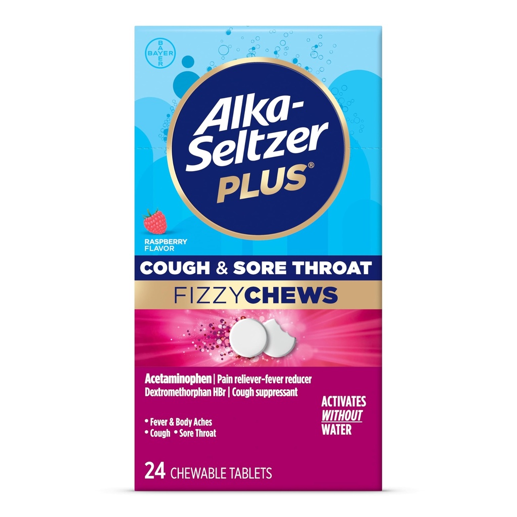 Alka- seltzer Plus kašel & Sore hrdlo Fizzy Chews, No Water Need, On The Go Sore Krk Relief pro dospělé, Malina Flavor, 24 Počet