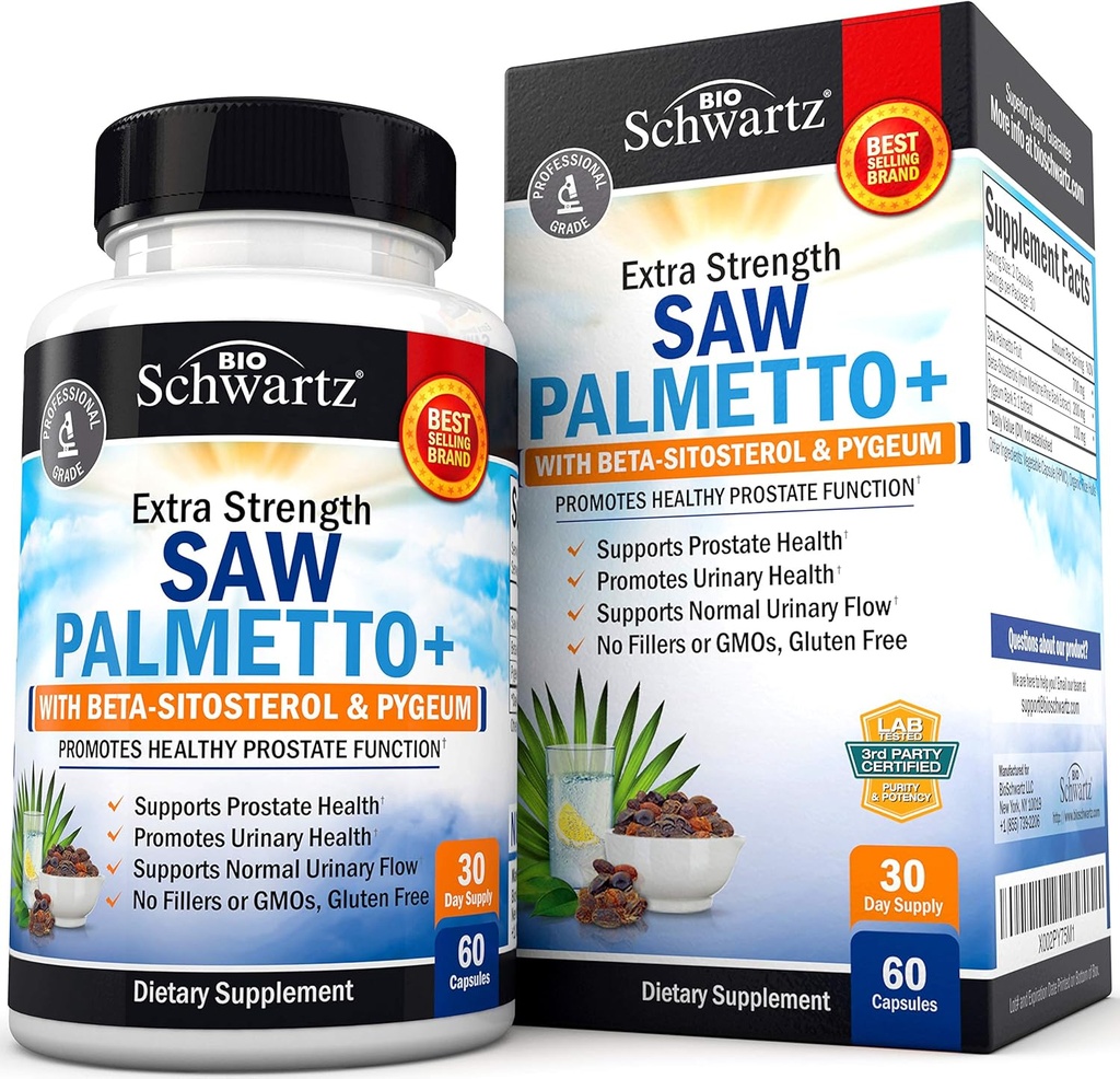 Saw Palmetto pro muže s Pygeum Bark Extract a Beta- Sitosterol - Podporuje Prostate Health and Health Prostate Function - Promotes Urinary Health and Normal Monument Flow - Non GMO gluten Free 60 Ct