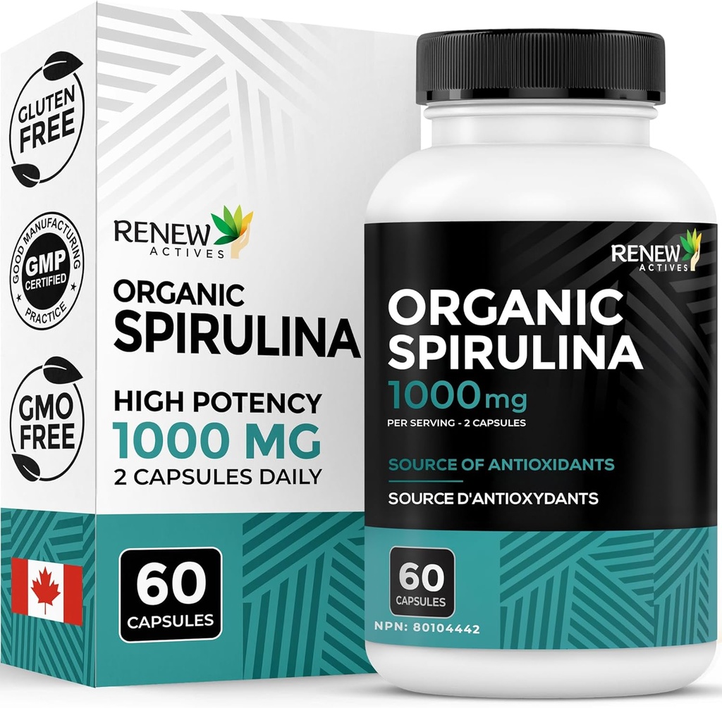 Reew Actives Organic Spirulina 1000MG / 2 Kapsle - Superfood for Men & Women - Podporuje energii, Wellness & imunitní funkce - Bohaté na antioxidanty a výživné látky - Made in Canada - 60 Kapsle