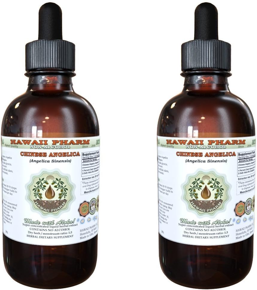 Angelica Chinese Alcohol- Free Liquid Extract, Organic Angelica (Angelica Sinensis) Sured Root Glycerite Hawaii Pharm Natural Herbal Supplement 2x2 oz