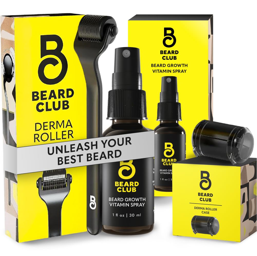 Beard Club Premium Derma Roller & Biotin Beard Růst Vitamin Spray - Mikroneedle Roller pro muže a ženy s 540 Titanium Microneedles - Beard Roller & Beard Oil pro obličej, tělo a skalp