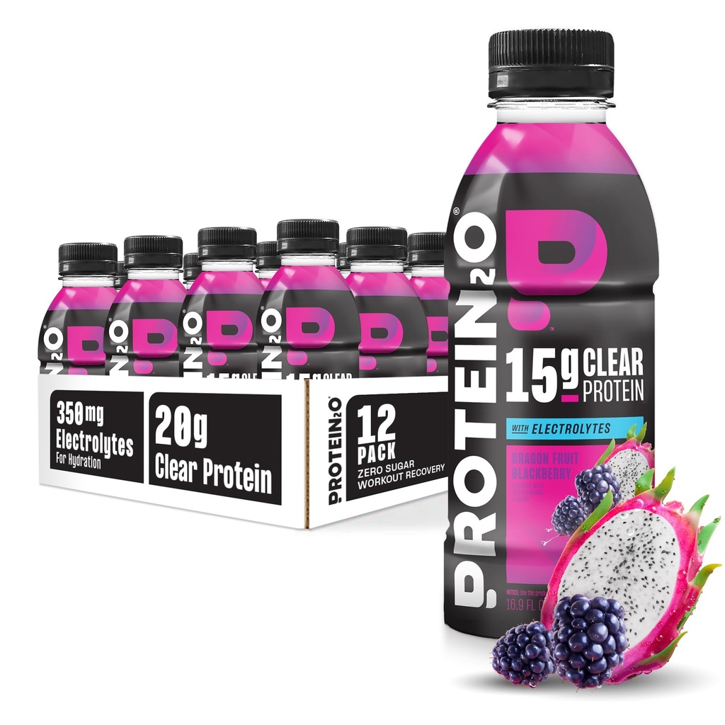 Protein2o Hydratační nápoj - 2- in-1 tekutý čirý syrovátkový protein izolát a elektrolytový nápoj - 15g protein, vitaminy B5, B6 - Post- Workout Recovery - 16.9 Fl Oz - 12 Count Dragon ovoce Blackberry