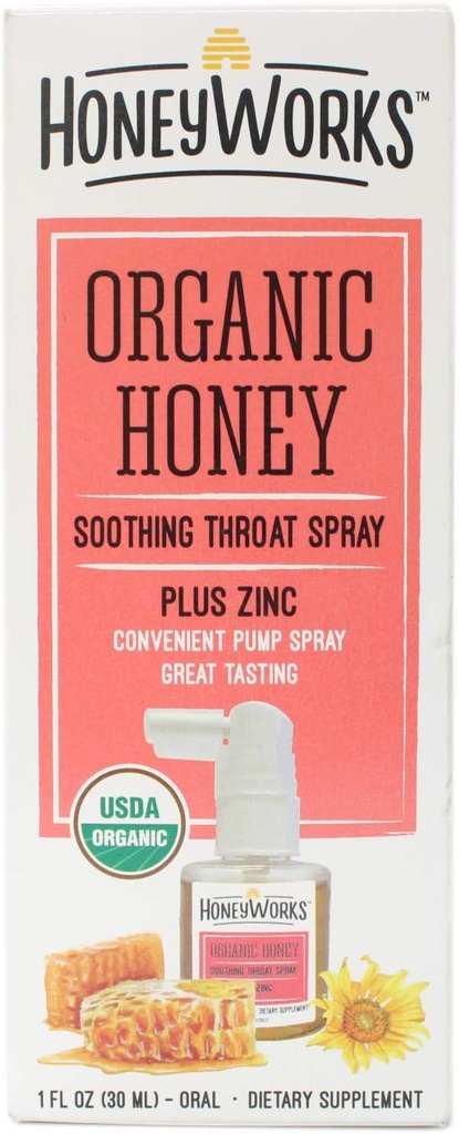 HoneyWorks Dospělé Krční Spray pro Sore Krční Relief, 1 Oz, Soothing Non- GMO USDA Organic Dark Honey + Zinek, Fast- acting Relief, Ages 12 Years +
