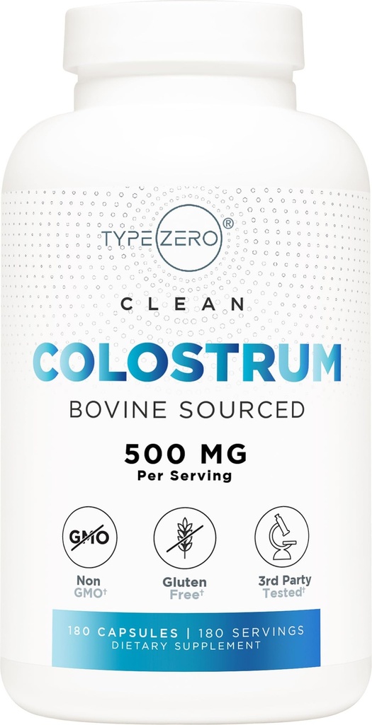Typ nula Colostrum dodatek (500mg) 180 Kapsle - Bovine Sourced, Non- GMO, gluten- bez