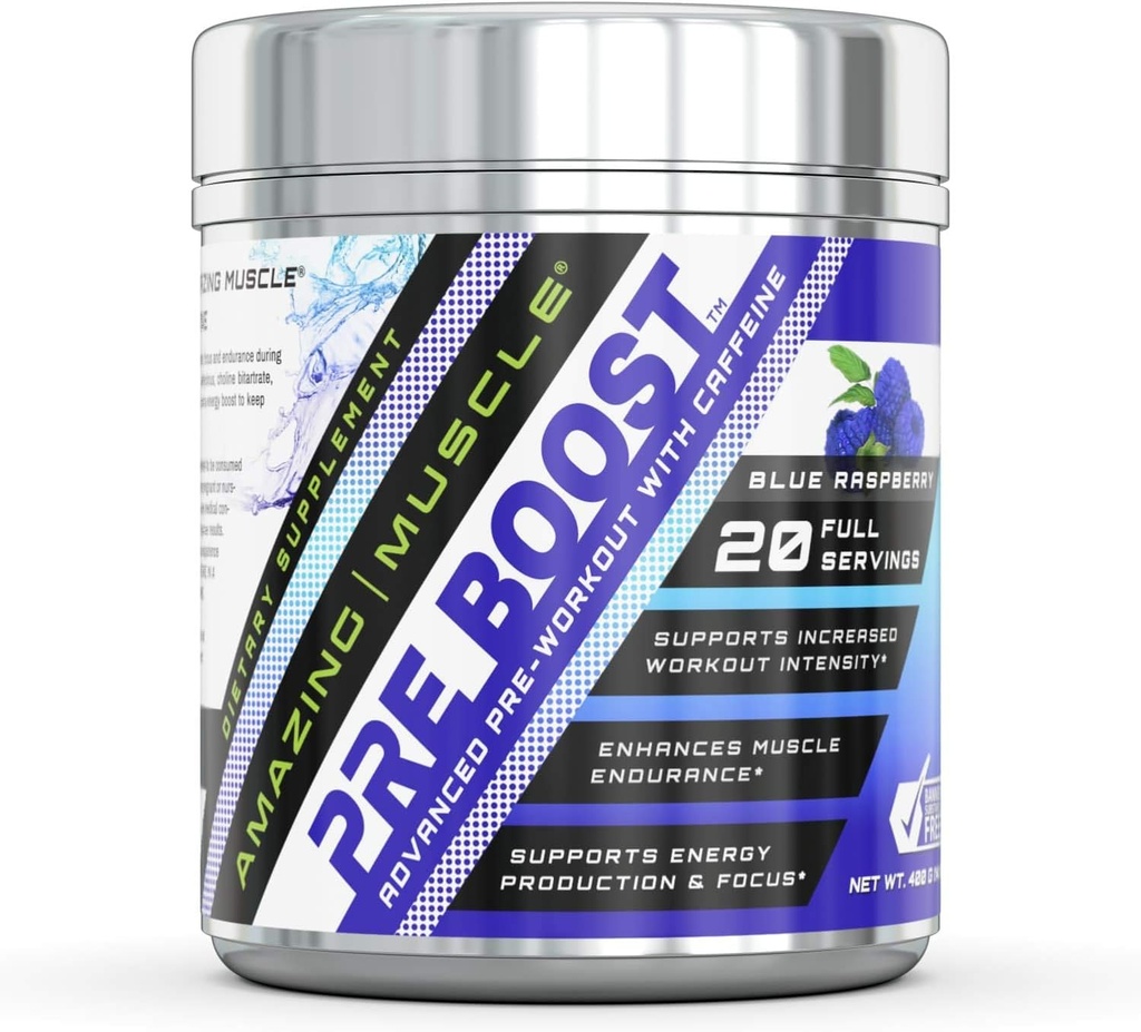 Amazing Muscle Pre Boost Formule s kofeinem dodatek 124; 20 Servings per Container 124; Blue Raspberry Flavor