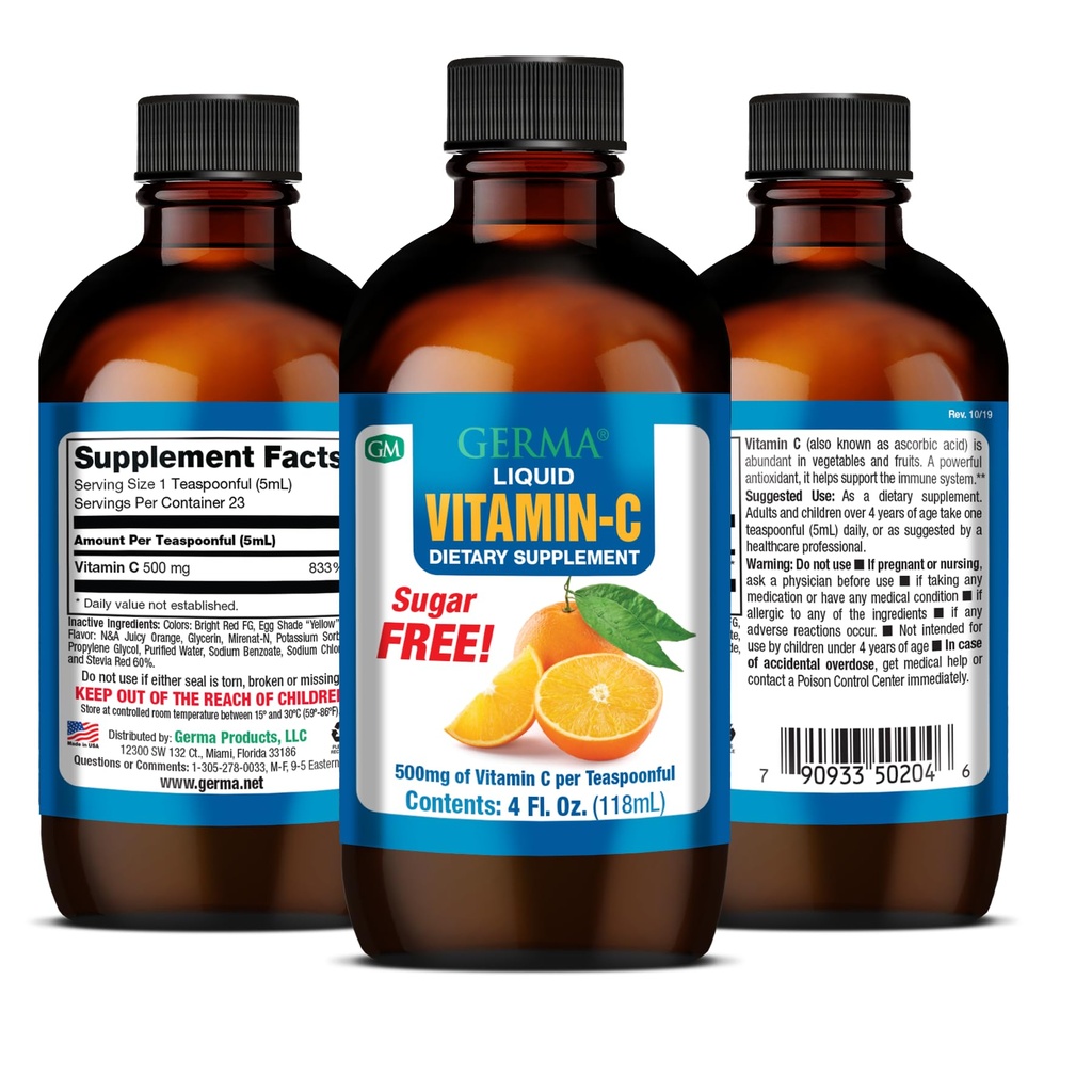 Germa Sugar- Volný tekutý vitamín C. 500 mg. Rychlý absorpční doplněk stravy. Imunitní systém Booster. 4 oz / 118ml