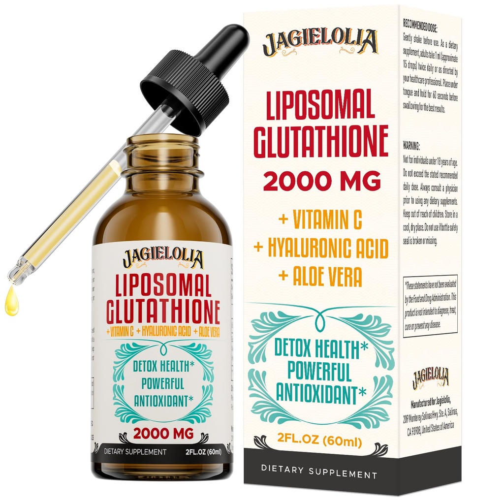 Lipozomální Glutathione Liquid 2000MG - Antioxidant Detox dodatek pro ženy a muže, stárnutí obrany, funkce jater a energie, s Hyaluronic acid + Aloe Vera + Vitamin C, přírodní & Vegan, 2 FL.OZ