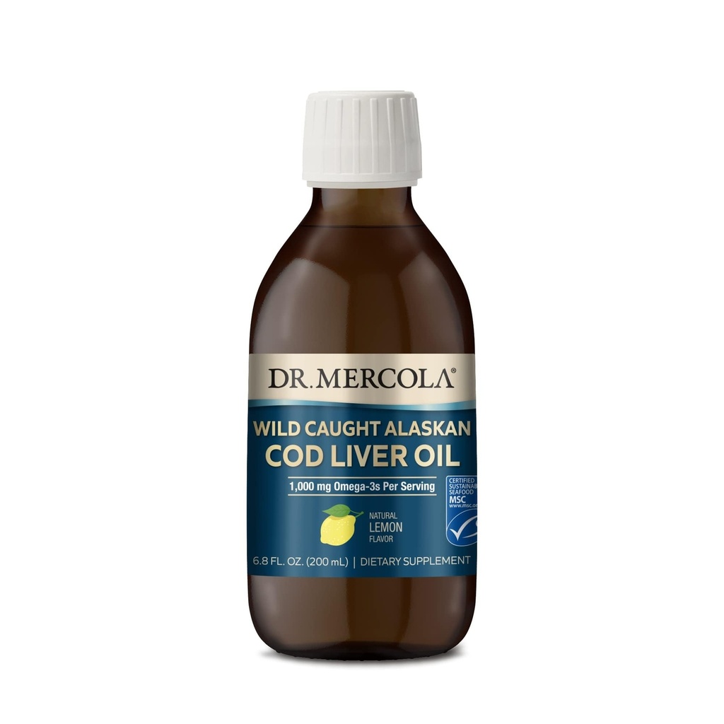 Dr. Mercola Wild Chycený Aljašský Cod Jaterní olej, 6.8 Fl. Oz. (200 ml), 40 Servings, 1000 mg Omega-3s per Serving, Dietní dodatek, Podporuje mozek a kognitivní funkce, Non- GMO, MSC Certified