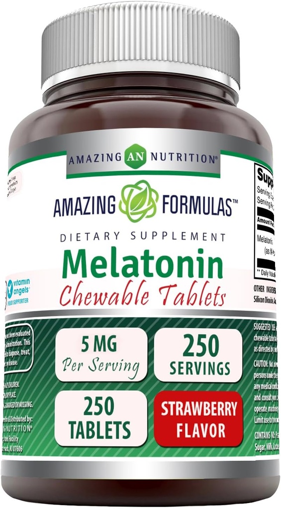 Amazing Differens Melatonin Žvýkací dodatek 124; 5 Mg Per Serving CLANE124; 250 Tablety CLANE124; Non- GMO CLANE124; gluten- Free CLANE124; Made in USA (Strawberry Flavor)