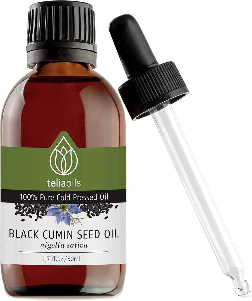 Teliaoils Black Seed Cumin Oil, 100% čistý, přírodní, studená lisovaná, bohaté na Omega-3 & Omega-6 mastné kyseliny & Polyfenoly Premium stupňů, pro pleť, nehty a vlasy, vynikající antioxidant