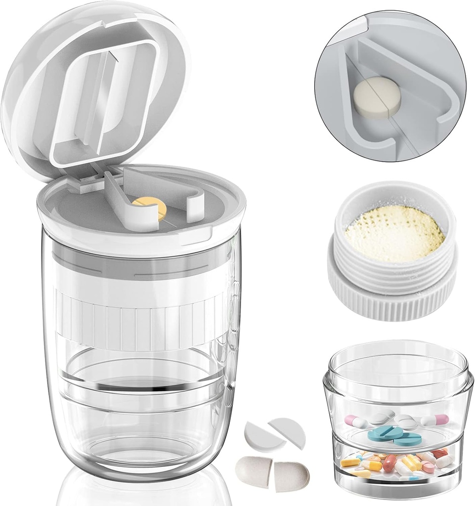 White-1 Pill Splitter a Cutter, Drtí tablety, Vitamíny, nerezová ocel čepel, Odnímatelný pitný pohár