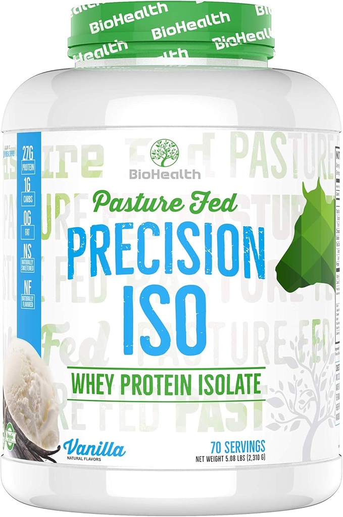 BioHealth Nutrition Precision ISO Vanilla (5lb) CLAS124; 27g Premium Pasture Fed Syrovátkové bílkoviny izolát + aminokyseliny CLAS124; 70 Servings CLAS124; Nulový cukr CLAS124; GMO bez