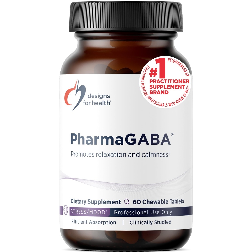 Design pro zdraví PharmaGABA Žvýkací dodatek - 200mg Biologicky dostupný doplněk GABA pro stres, nálady, imunitní zdraví a spánková podpora - Vegan, gluten Free & Non- GMO (60 tablet)
