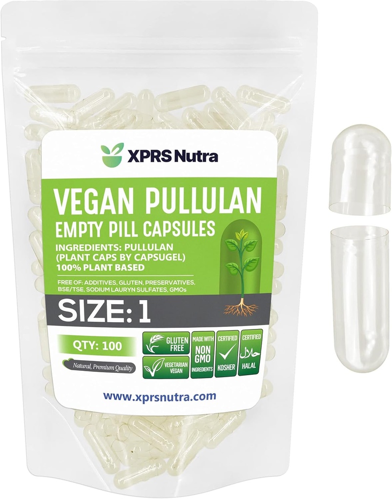 XPRS Nutra Velikost 1 Pullulan Prázdné kapsle - 100 Hrabě čisté štítky Plantcaps Čiré prázdné Veganské kapsle - Premium Vegetariánské pilulky - Do- It- Yourself Zeleninové kapsle Plnění