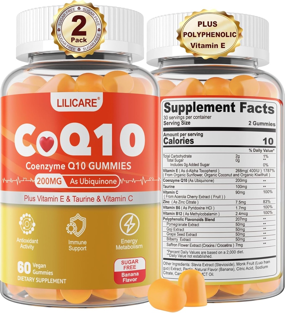 Sugar- Free CoQ10 200mg Gummies - Coenzym Q10 w / Taurin, Vitamin E, C, B6, B12, Zinek - Vysoká absorpce CoQ10 dodatek pro antioxidant, celulární energie a hear- t zdraví, Vegan 120 C