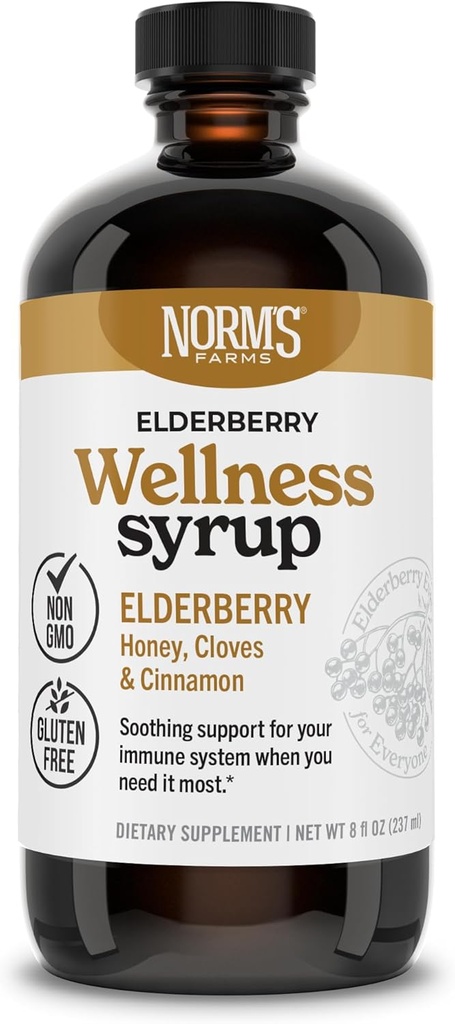 Norm 's Farms Wellness Black Elderberry Syrup s medem, Skořice a hřebíky - Made in USA, Natural Imunitary Support, No Alkohol or Fillers, Gluten- Free, Non- GMO, Vegan, Pure Elderberry Juice Syruption - 8 Oz