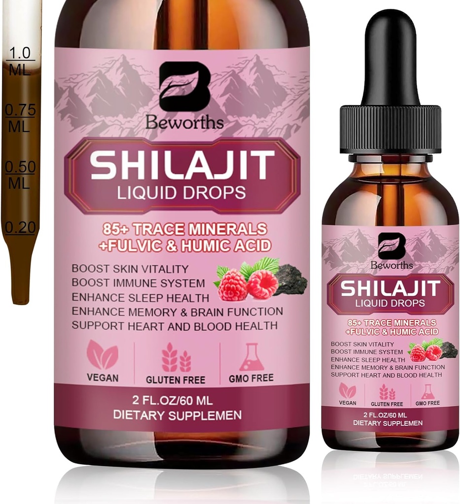 Shilajit Resin Liquid Kapky 124; Organic Shilajit 85 + Stopy Minerály Komplex s Ashwagandha, Turmeric, ženšen, Chaga dodatek pro potravu podporu, Energy Booster - Vegan
