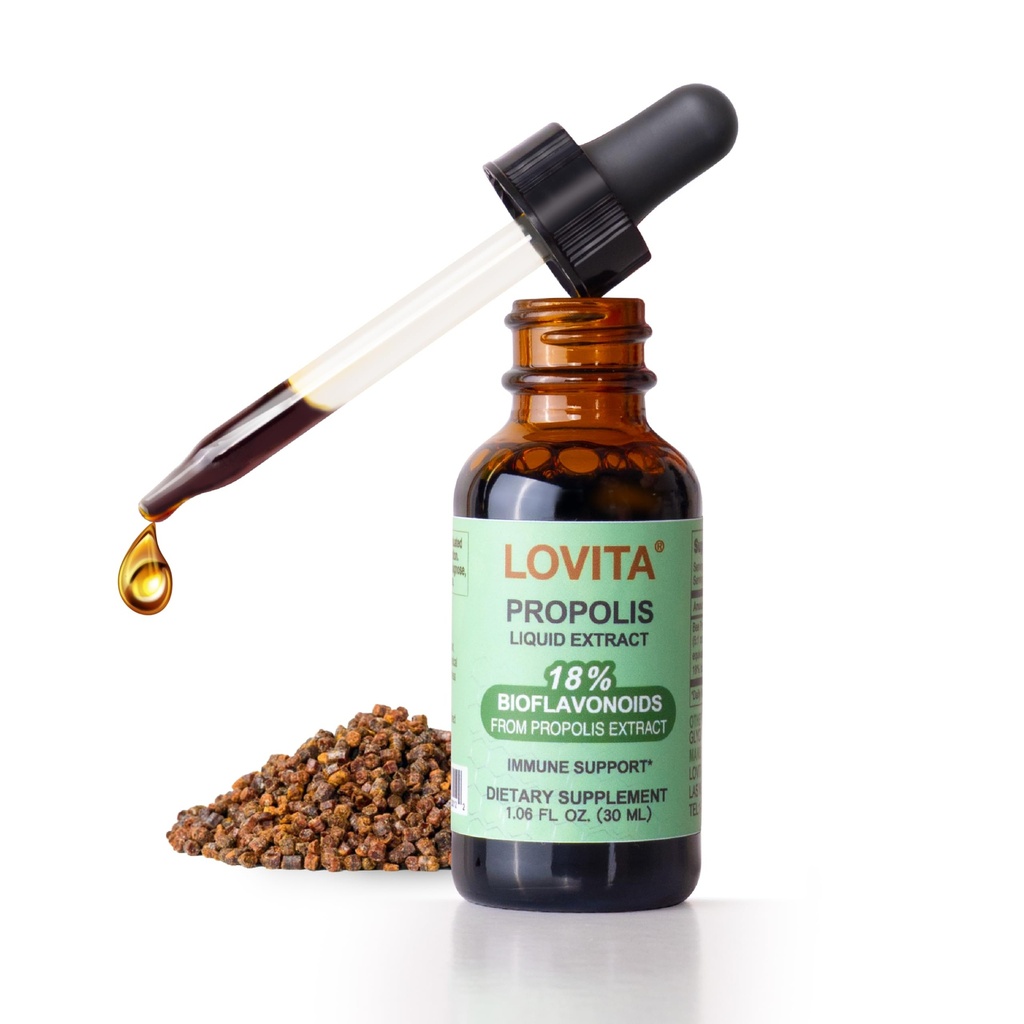 Lovita Bee Propolis Liquid Extract 500mg, 5: 1 Resin Kapky s 18% bioflavonoidy, Alkoholické-Free Antioxidant, Imunitní Podpora & Krční mýdlo, Gluten- Free, Non- GMO, 1 Fl Oz (30 ml), 30 Day Supply
