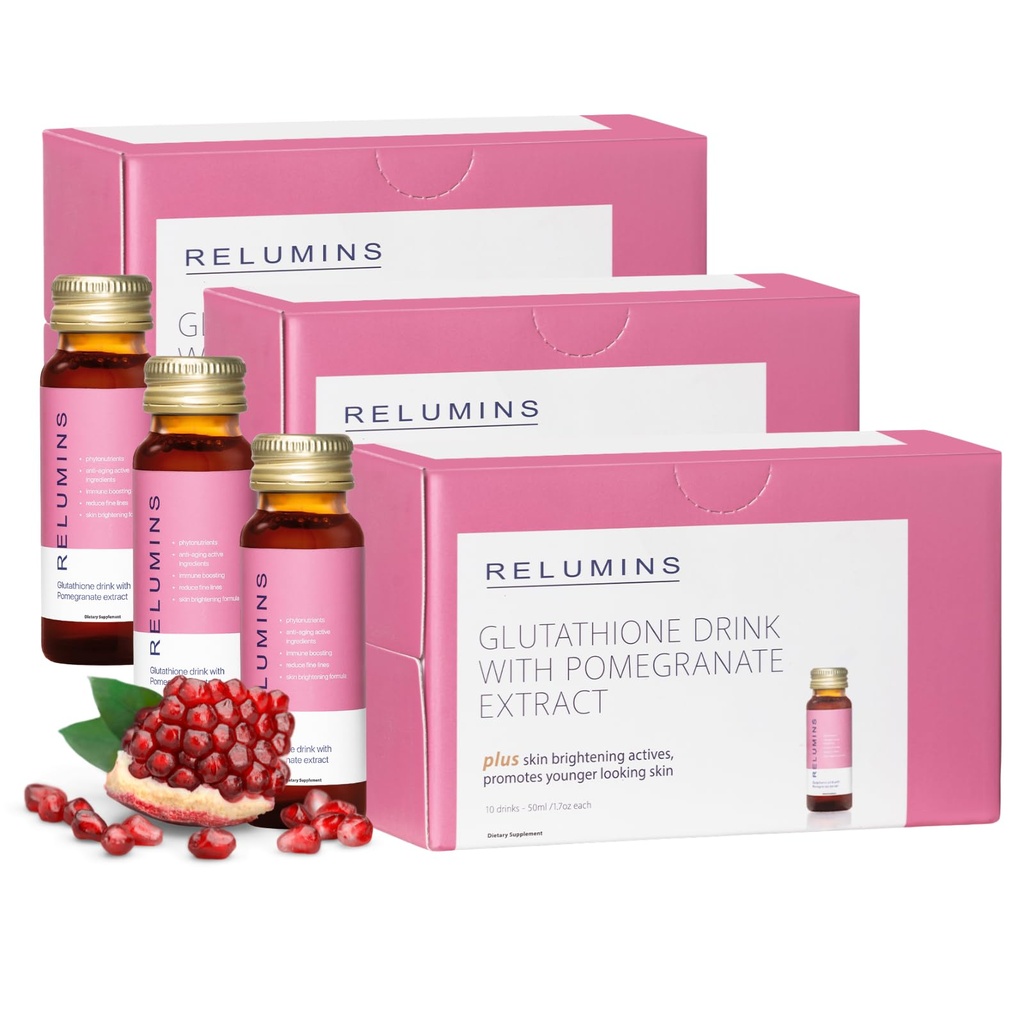 Relumins Glutathione Hydration Shots - Post- Summer Skin Recovery & Cold Weather Hydration - Collagen- Booting & Made in USA - Granátová lahev - 30 Lahviček x 50 ml