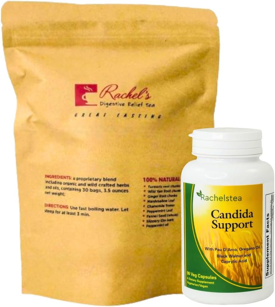 Rachel 's Tea and Candida Support: 30 Day Supply Turmeric, Wild Yam, Ginger, Peppermint, Fennel, Slippery Elm + Candida Support Kapsle