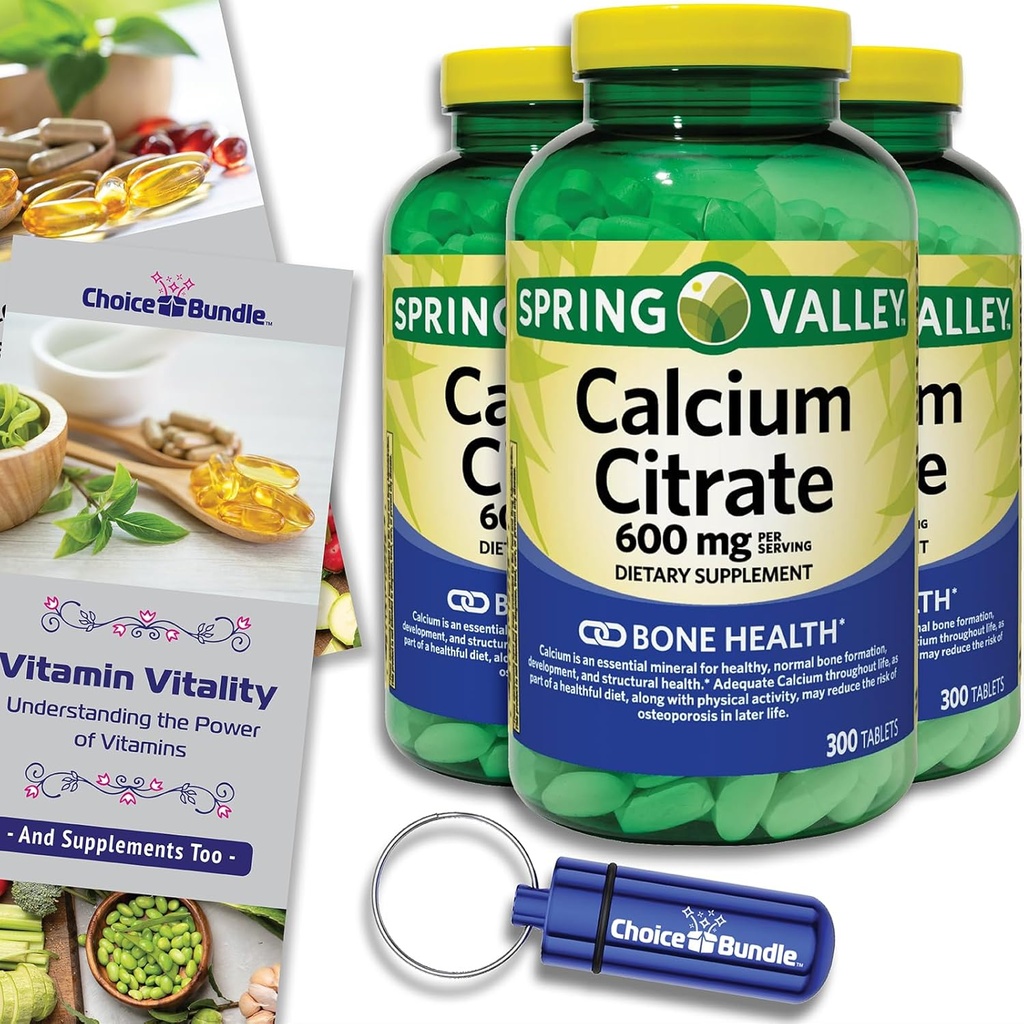 Jarní údolí vápníku Citrát Tablety Dietní dodatek 600 mg 300 Ct 3 pk Choice Bundle (900 Celkem) + vitamin průvodce & Pill kontejner (5 položek)!
