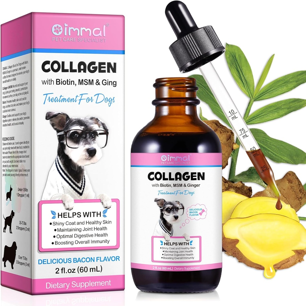 Kolagen pro psy, tekutý kolagen pro psy, pes tekutý kolagen kapky, kolagen s biotin, MSM & Ginger léčba pro psy, kůže a kabát doplněk pro psy, pes kolagen 60 ml