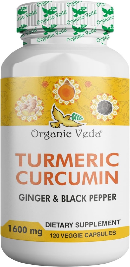 Organické Veda Turmeric a zázvorové kapsle 120 pilulky - Organic Turmeric Curcumin s Black Pepper pro společnou podporu - Non GMO, Gluten Free, Turmeric a Ginger dodatek (95% kurkuminoidy)